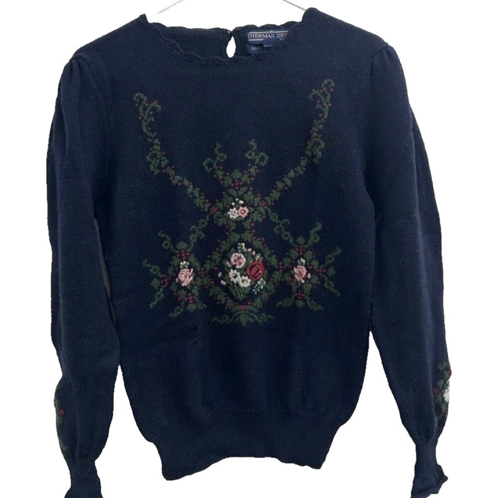 CottageCore! Vintage Wool Sweater with Floral Motif, Navy Embroidered, Small